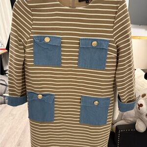 English Factory Brown Striped Dress with Blue Pockets